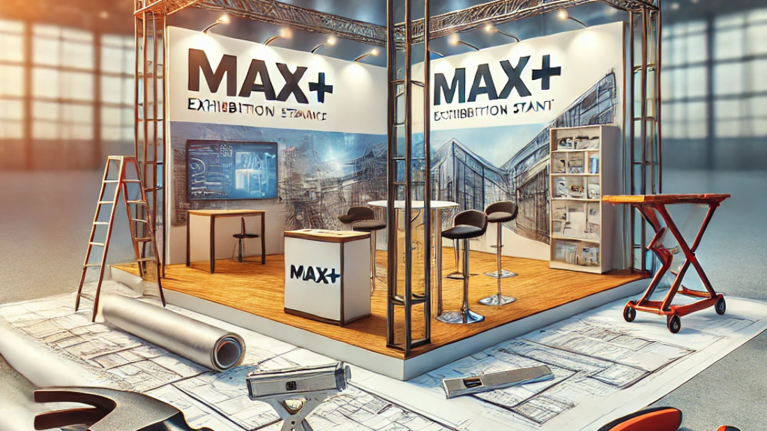 Image showing the process of building an exhibition stand, including blueprints, tools, and a partially assembled stand with Max+ branding in an indoor exhibition hall.