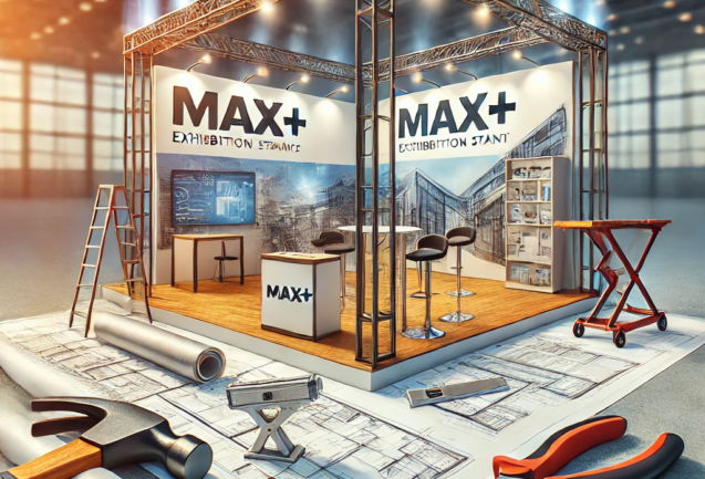 Image showing the process of building an exhibition stand, including blueprints, tools, and a partially assembled stand with Max+ branding in an indoor exhibition hall.